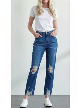 Muselooks High Rise Distressed Ripped Raw Hem Mom Jeans Blue Denim 13 J